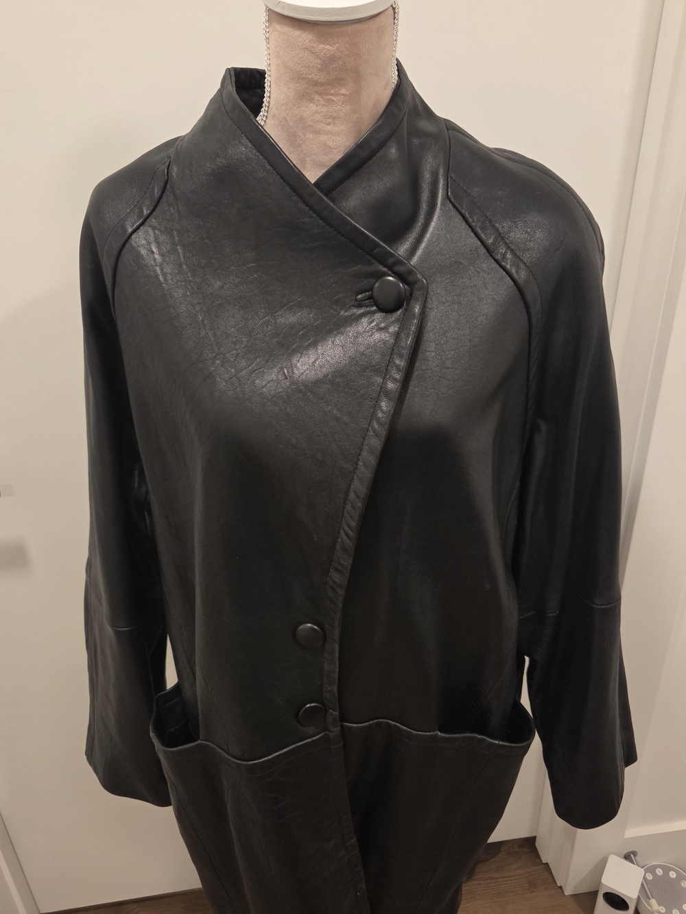 Vintage Black Leather Button-Front Women's Coat - Large